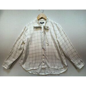 Madewell Women's Flannel Tie Neck Shirt Top Size S White Windowpane Long Sleeve